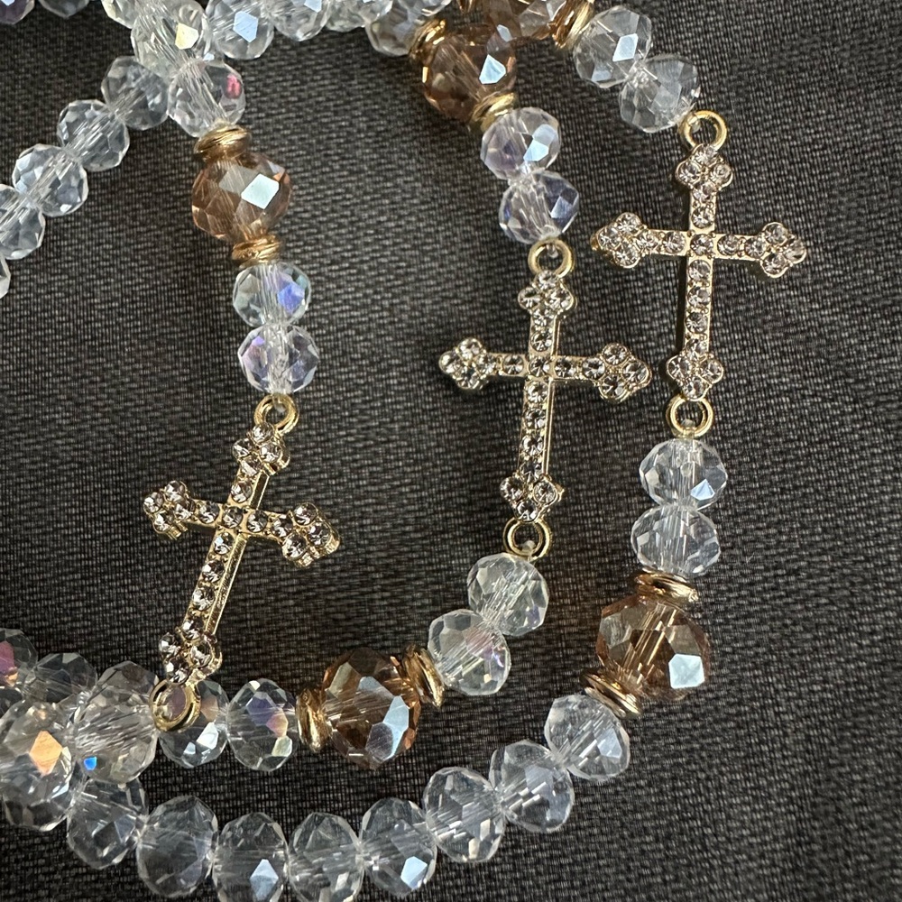 (3) Elegant Crystal Beaded Bracelet Set with Cross Charms - Clear